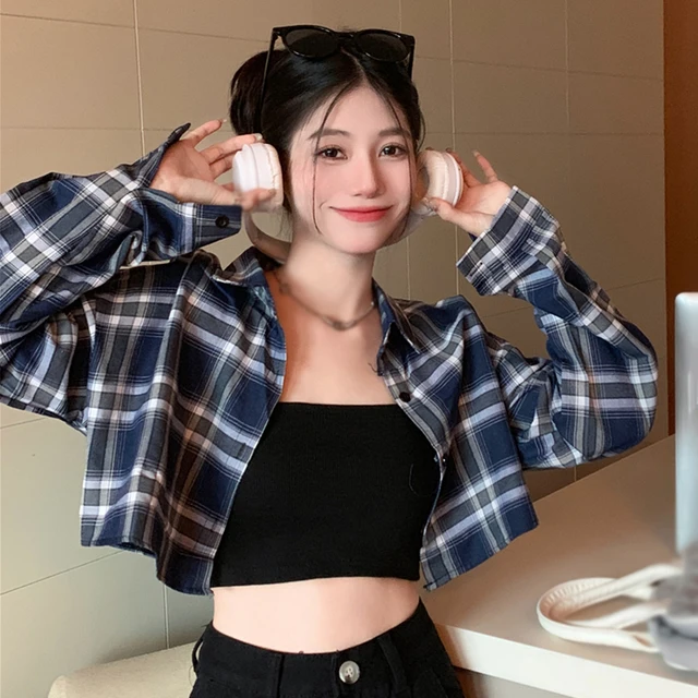 Women Casual Plaid Turn-down Collar Shirts Fall/Spring Girly Long Sleeve Loose Fit Versatile Cropped Blouse Ladies Leisure Top