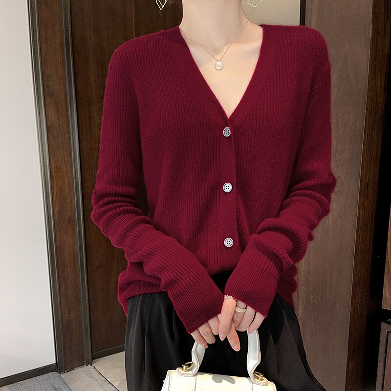 Spring and Autumn Chic V-Neck Striped Cashmere Cardigan Women Cashmere Sweater Long Sleeve Knitting Cardigan Women's