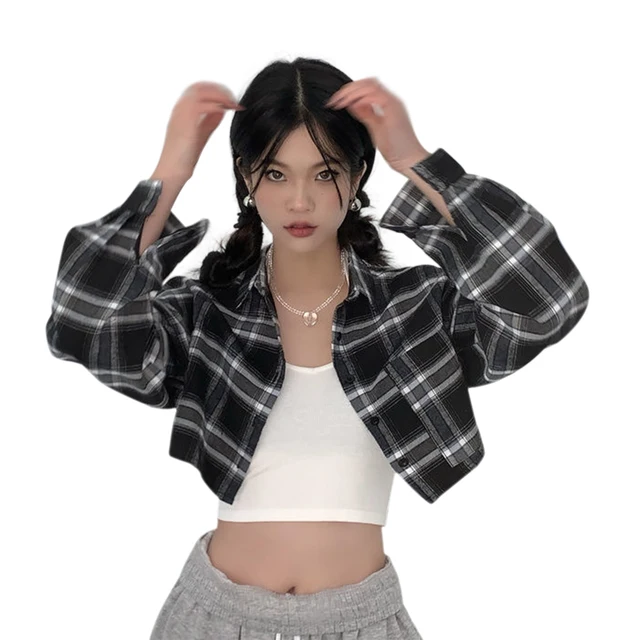 Women Casual Plaid Turn-down Collar Shirts Fall/Spring Girly Long Sleeve Loose Fit Versatile Cropped Blouse Ladies Leisure Top